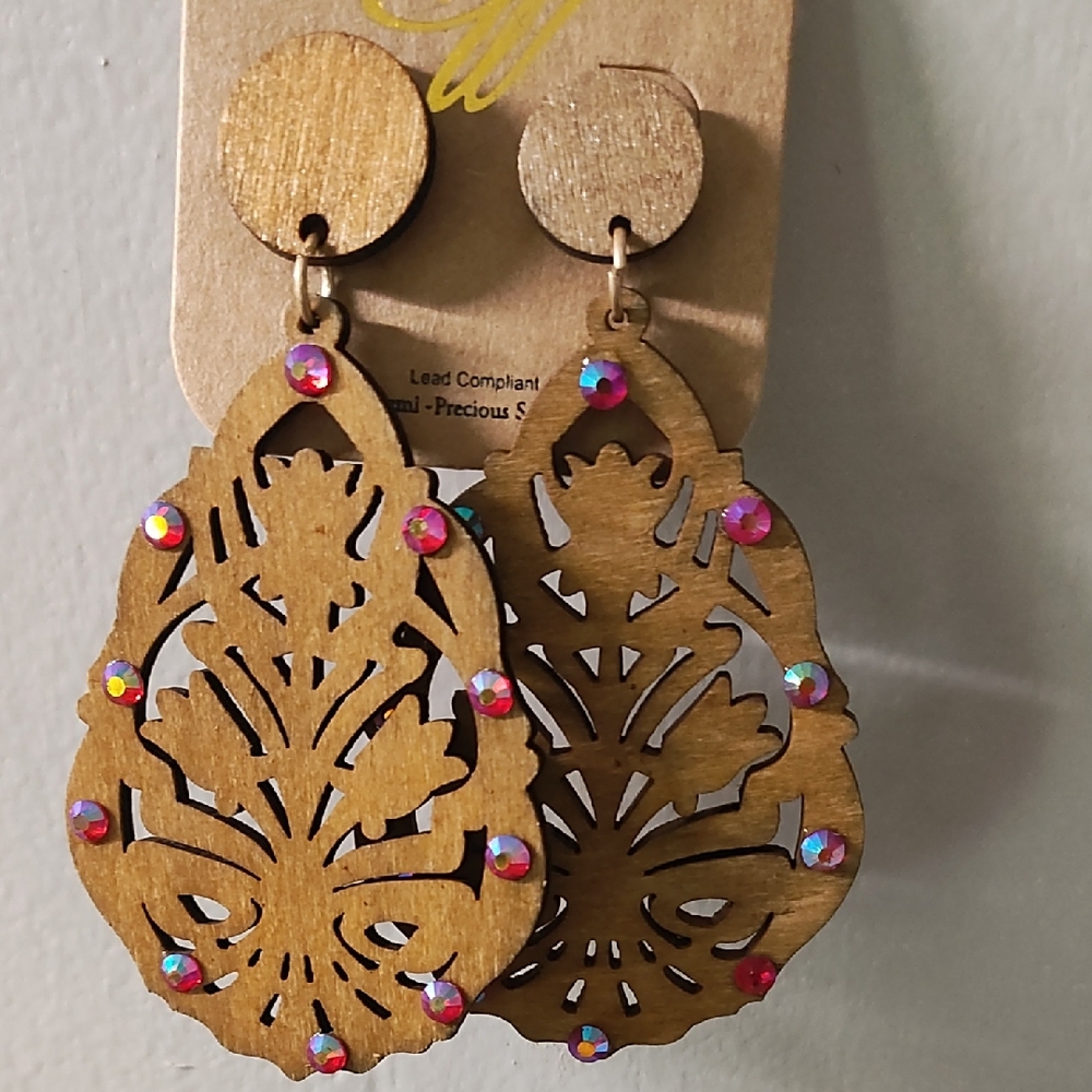 Elegant Wooden Teardrop Earrings with Colorful Accents